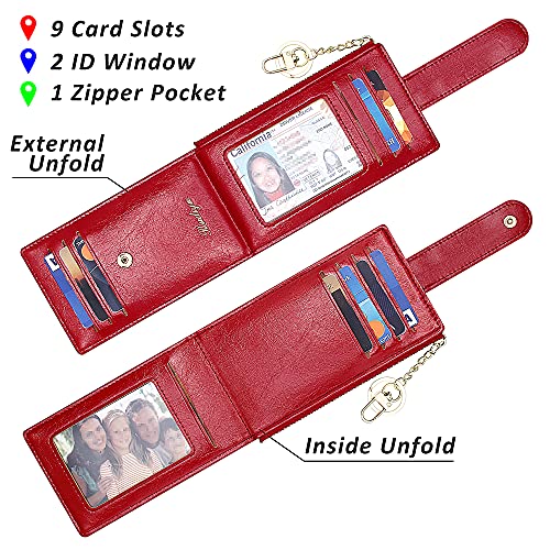 Image of Badiya Slim Women Wallet RFID Blocking Bifold Compact 9 Card Slots Holder Wallets Soft Leather with Zipper Coin Pocket 2 ID Window