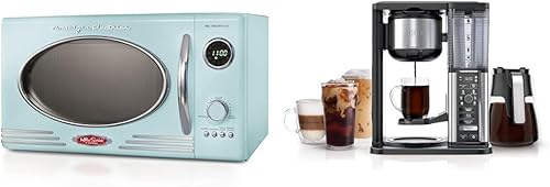 Nostalgia Horno microondas retro para encimera, grande de 800 vatios, 0.9 pies cúbicos y cafetera Ninja CM401 Specialty de 10 tazas con 4 estilos de