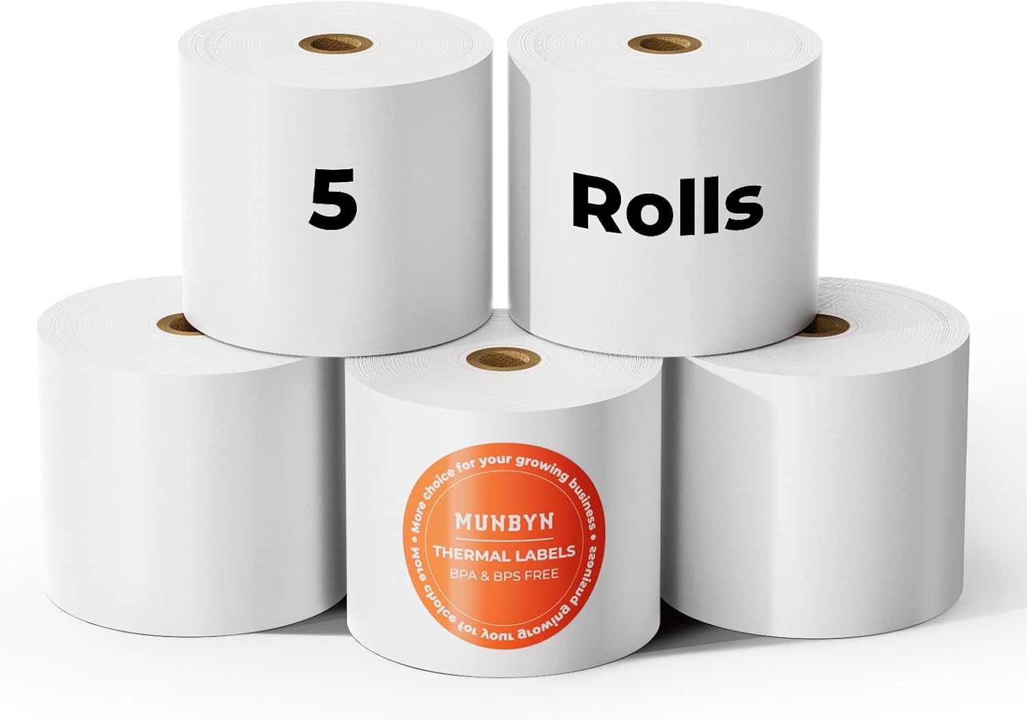 MUNBYN Papier Termiczny do Kasy Fiskalnej 80mm, Rolka Kasowa (5 Rolek) | Długość 80 m, Gramatura 65 g/m², Rdzeń 12 mm, Bez BPA, Certyfikat FSC, Kompatybilny z drukarkami Epson i Zebra