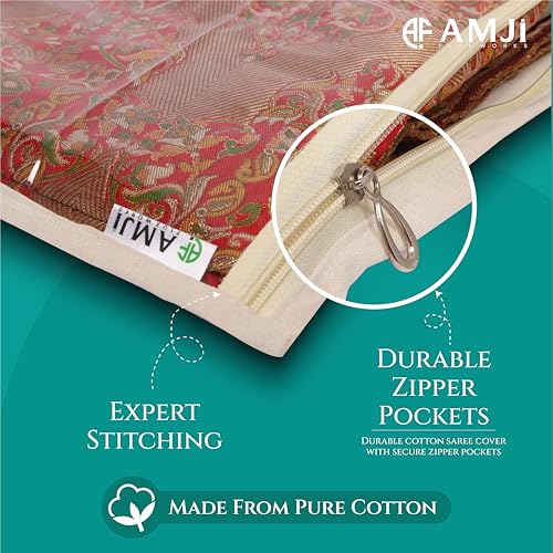 Image of Pure Cotton Saree Bags with Zip & Blouse Pocket set of 8 Big Size 17x15 In Transparent PVC Window Saree Covers for Storage Expert Stitching Wardrobe Organiser Beige