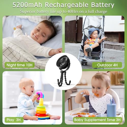 POPERFUN Tragbarer Kinderwagen Ventilator 5200mAh 40 H,Stroller Fan 3 Geschwindigkeiten 360°Drehbar,Wiederaufladbarer Ventilator USB für Autositze,Kinderbetten,Büro,Reisen,Camping