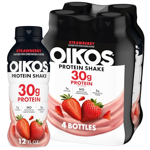 Image of Oikos 30g Protein Shake, Strawberry, High Protein Drinks, Shelf Stable, Ready to Drink, 5g Prebiotic Fiber, 12 fl oz Bottle, 4 Count​
