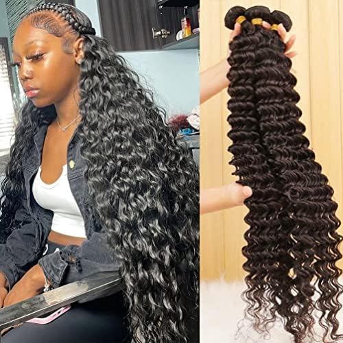 Brazilian Deep Wave Human Hair Bundles 9A 100% Unprocessed Virgin Remy Curly Weave 4 Extensions for Black Women Natural Color 24 26 28 30