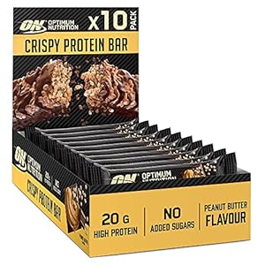 Optimum Nutrition Crispy Protein Bar, ohne Zuckerzusatz, Trainingssnack für Männer und Frauen, Erdnussbutter-Geschmack, 10 x 65g