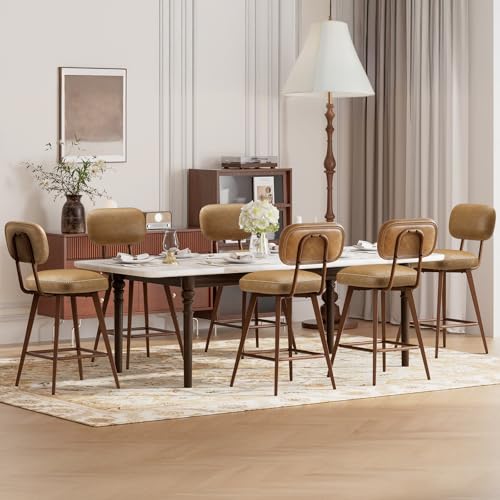 Image of MALOL 26 inch Swivel Bar Stools Set of 6, Mid Century PU Leather Counter Height Bar Chairs with Low Back and Metal Legs, Modern Bar Stool Chair for Kitchen Island, Brown