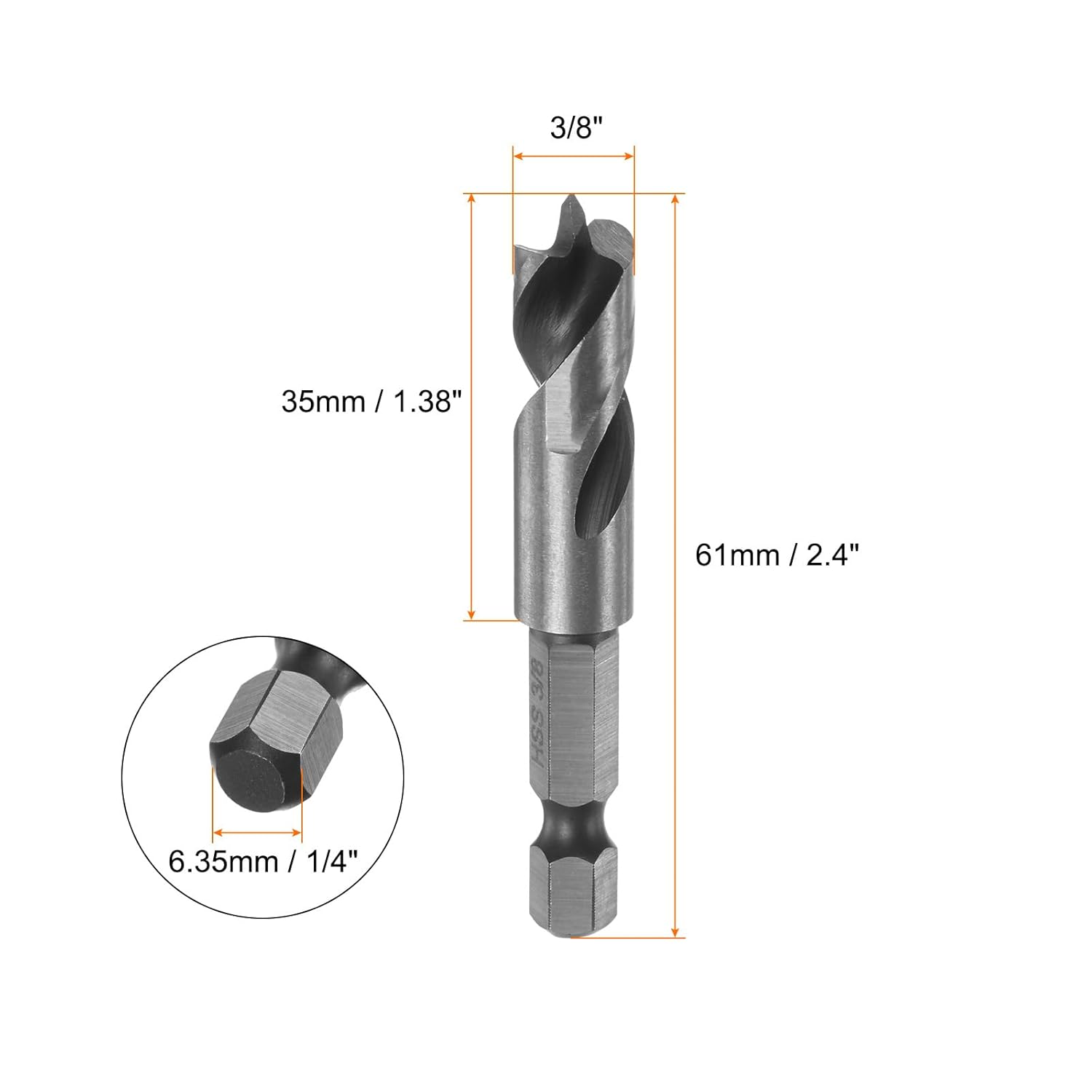 HARFINGTON 2pcs Brad Point Drill Bits 3/8" Dia 1/4" Hex Shank Stubby Drill Bit High-Speed Steel 1.38" Working Length Spiral Twist Drilling Tool for Woodworking Plywood Plastic