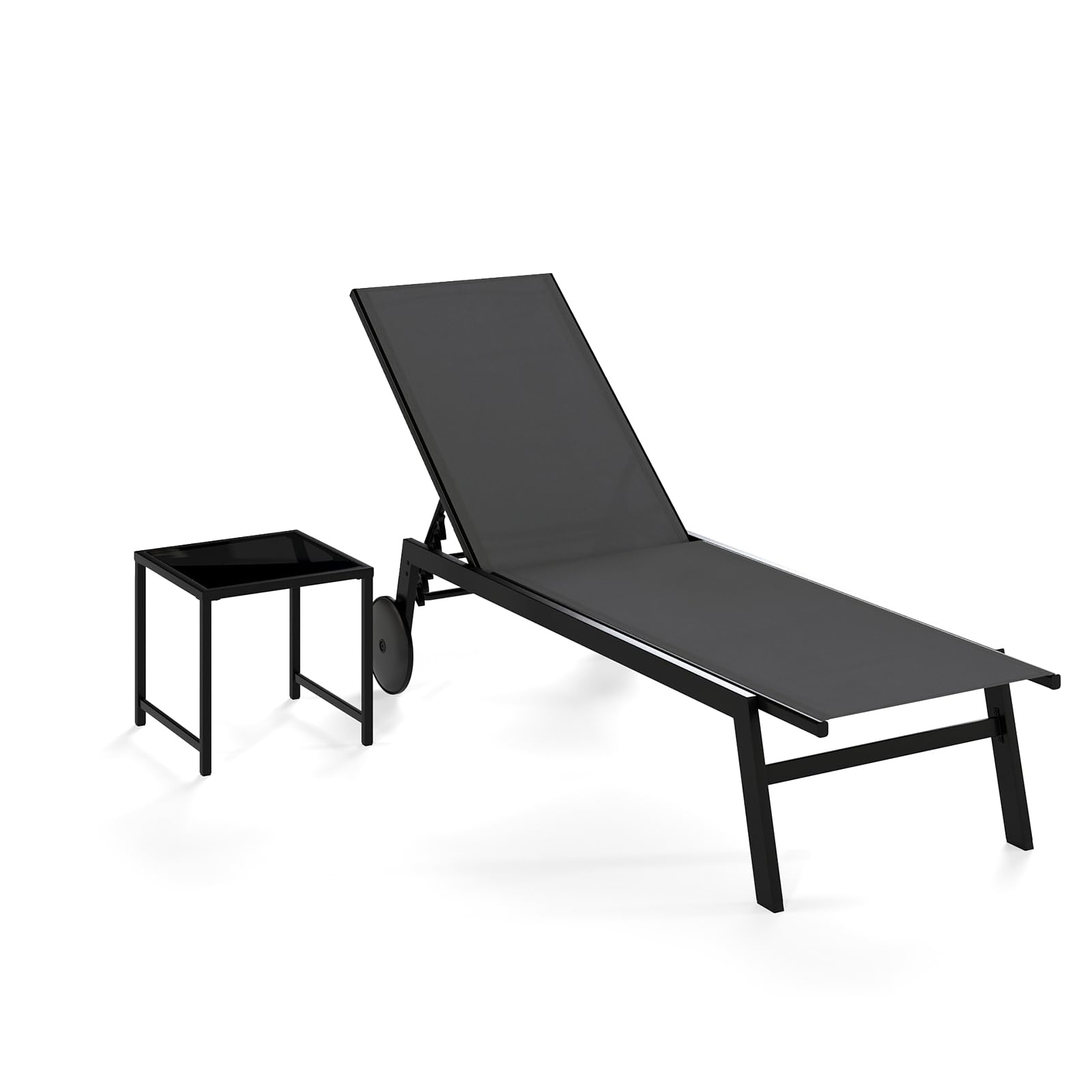 FANTASK Sonnenliege mit Rollen & Beistelltisch, Rollliege mit 6-Fach Verstellbarer Rückenlehne, Gartenliege aus schnelltrocknendem Stoff, Liegestuhl bis 150kg, Outdoorliege für Terrasse (Grau)