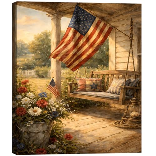 Image of RIBNTAK Patriotic Wall Art Canvas Prints Pictures, Rustic American Flag Porch Artwork Americana Farmhouse Independence Day Wall Decor for Living Room Bedroom, 4th of July Decorations for Home