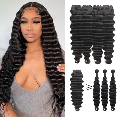 suerkeep Loose Deep Wave Bundles Human Hair 4 Bundles Wavy Human Hair Bundles 14 16 18 20 Inch 100% Unprocessed Virgin Brazilian Hair Bundles Deep Weave Bundles Natural Color Hair Weave for Women
