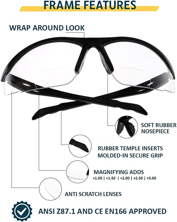 Bifocal Safety Glasses - Safety Glasses With Readers for Healthcare, Woodworkers, Motorcyclists, Workshop - Ansi Z87+ - Polycarbonate Lenses - (Clear, 1.50) - Image 6
