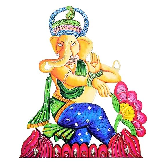 Porte-clés Ganesh mural en bois imprimé avec 6 crochets de rangement