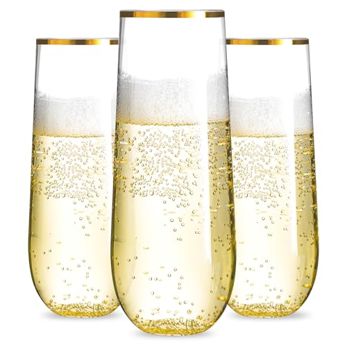 N9R 36PCS Plastic Champagne Flutes, 9 Oz Stemless Disposable Gold Rim Toasting Glasses, Crystal...