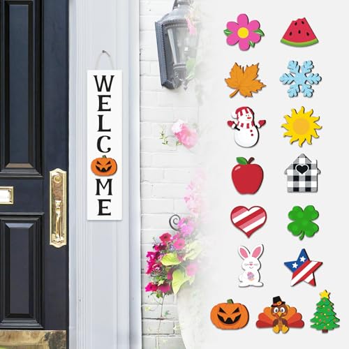 Mini panneau de porte vertical interchangeable en bois pour intérieur et extérieur avec 15 décorations saisonnières remplaçables rustiques de ferme, porche, idées de décoration d'intérieur, décoration