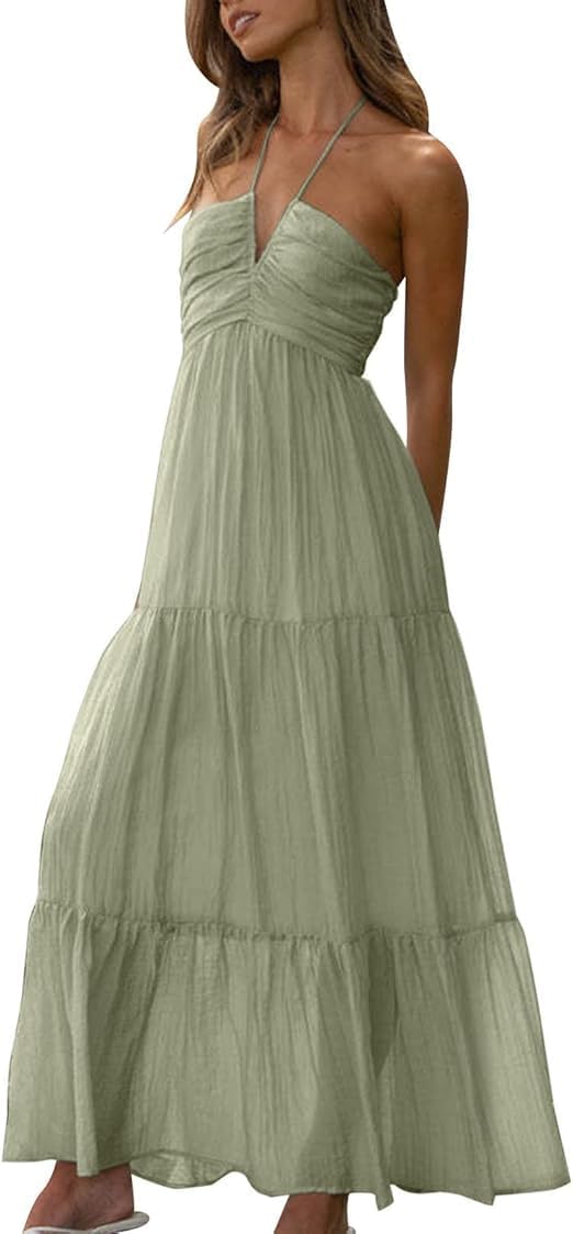ULLiaN Women Sexy Sleeveless Halter Neck Maxi Dress Backless Ruffle Hem Tiered Flowy Long Dress Summer Low Cut Sundress