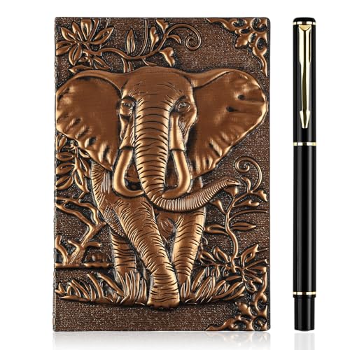 OFFCUP Diario in Pelle Vintage con Penna, Taccuino in Pelle con 3D Elefante 200 Pagine Diario di Viaggio DND Motivazionale Idee Regalo Collega Natale Festa per Uomini e Donne, A6 18,5 x 13 cm