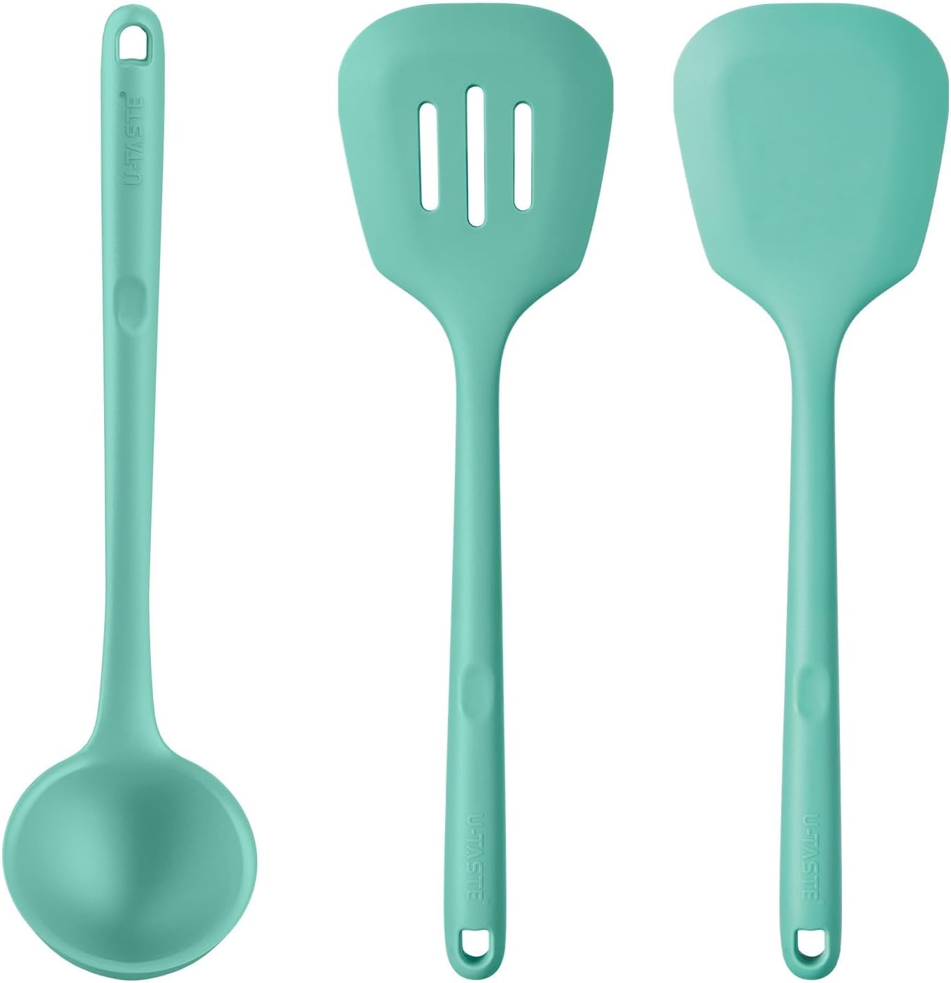 U-Taste 600ºF Heat Resistant 13 inch Silicone Soup Ladle, and 600ºF Heat Resistant Silicone Turners, 13.6in Long Solid & Slotted Kitchen Spatula (Aqua Sky)