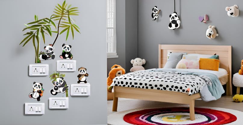 Image of Cute Panda Wall Switch Stickers | Decorative Light Switch Socket Cover Decals for Kids Room, Nursery & Home Decor | Easy Peel & Stick Set of 5