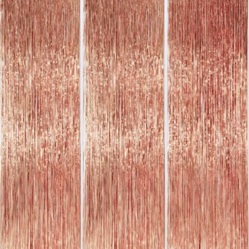 PartyWoo Rose Gold Curtains Backdrop Streamers 3pcs 8.2ft Rose Gold Foil Fringe Tinsel Backdrop Curtain for 21st Birthday Baby Shower Bridal Shower Wedding Engagement Groovy Pajama Party Decorations