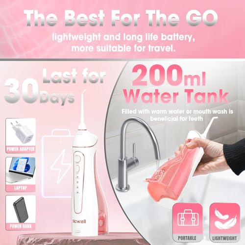 Water Dental Flosser Cordless for Teeth - Nicwell 4 Modes Dental Oral Irrigator, Portable and Rechargeable IPX7 Waterproof Powerful Battery Life Water Teeth Cleaner Picks for Home Travel
