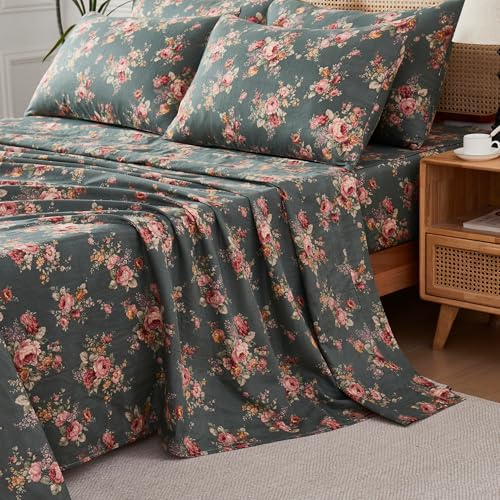 Image of FADFAY French Floral Sheet Set King Size, 100% Muslin Cotton Double Gauze Bedding, 4 Piece Shabby Chic Rose Pattern Sheets, Ultra Soft Breathable Deep Pocket Fitted Sheet & Flat Sheet, Green
