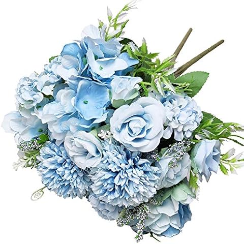 2 PCS Artificial Flowers,Artificial Silk Carnations Hydrangea Bouquet, Fake Rose Peony Flower Arrangements Plastic Realistic Flower Arrangements Wedding Home Decoration Table Centerpieces Decor (Blue) Cover