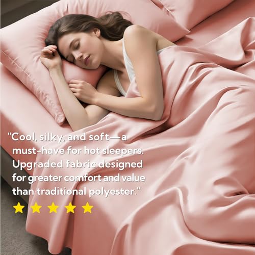 MR&HM Twin Sheets Set, 3-Piece Cooling Sheets, Rayon Derived from Bamboo & Polyester Blend, Soft & Silky, 15" Deep Pockets with Elastic Straps, Hotel Luxury for Hot Sleepers, Pink