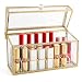 PuTwo Lipstick Organizer 24 Slots Handmade Glass and Brass Lipstick Holder with Lid Lip Dustproof Gloss Organizer Vintage Transparent Lip Gloss Display Decoration for Dresser Countertop