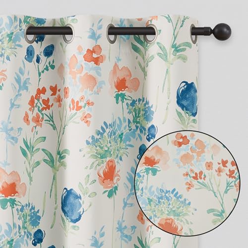 ugoutry Cortinas opacas 100 % florales de 84 pulgadas de largo para dormitorio, color rojo y azul, oscurecimiento de la habitación, aislamiento térmico con ojales, cortinas con patrón de acuarela, 2