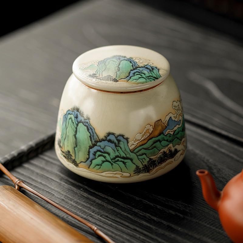 SONGCHAO Sugar Jar Beige Ru Kiln Ceramic Tea Caddy, Small Size, Green Pu'er, Red and Leaves, Sealed Incense Powder Tea Canister