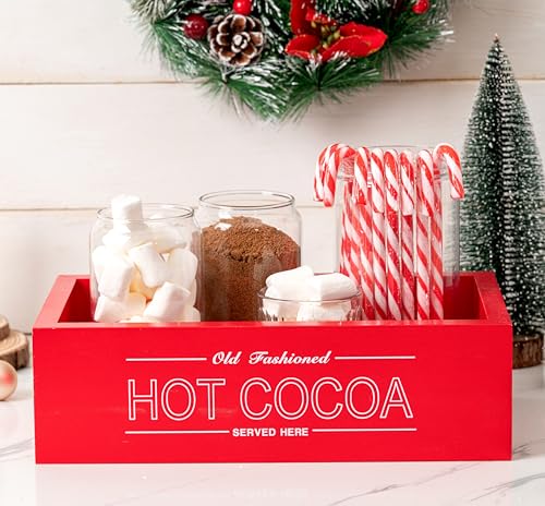 Rmeosye Hot Cocoa Bar Wood Storage Box Christmas Decorations Wooden Organizer Bins Tray Decorative Open Holder Box Decor for Xmas Home Kitchen Office Farmhouse Gift Holiday Party Supplies (Red)