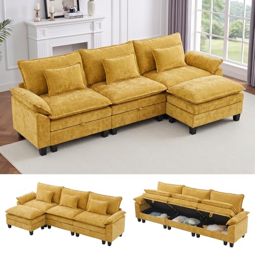Image of IPKIG 117 inch Modular Cloud Couch with Storage, L Shaped Sectional Sofa with Ottoman & Pillow, Chenille Deep Seat Sectional Couches for Living Room, Apartment, Yellow