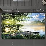 Badematte rutschfest waschbar Badvorleger,Angelsteg am Fluss im Morgenlicht mit Wolken und Bäumen Naturbild, heller Kaffee und ,weich Mikrofaser saugstark Badteppich für Badezimmer Badewanne, 40x60 cm