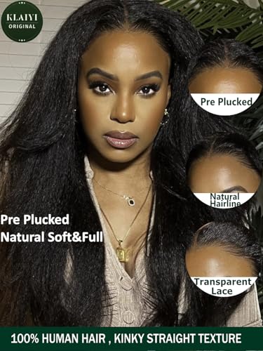 Image of KLAIYI 4C Kinky Yaki Straight Lace Front Wigs Human Hair HD Transparent Lace Closure Wigs for Black Women 12A Brazilian Virgin Hair Pre Plucked with Baby Hair 180% Density Full Natural Hairline 24Inch
