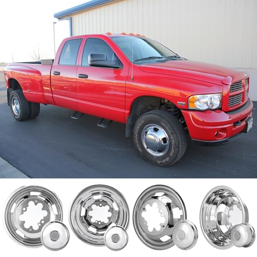 Image of 4pcs 17inch Front Rear Polished Stainless Steel Dually Wheel Simulators fit for 2003-2018 Dodge Ram 3500 Truck, 8 Lug with 5 Square Vent Holes Hupcaps Wheel Cover 17R8