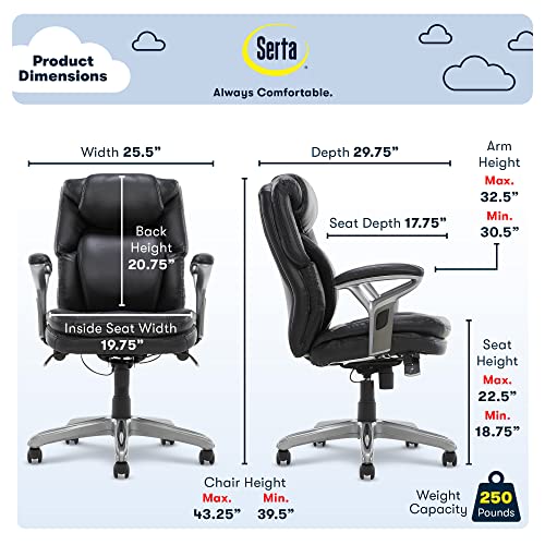 Serta Air Health And Wellness Executive Office Chair, High Back Big And Tall Ergonomic For Lumber Support Task Swivel, Bonded Leather, Mid, Black #TOP2
