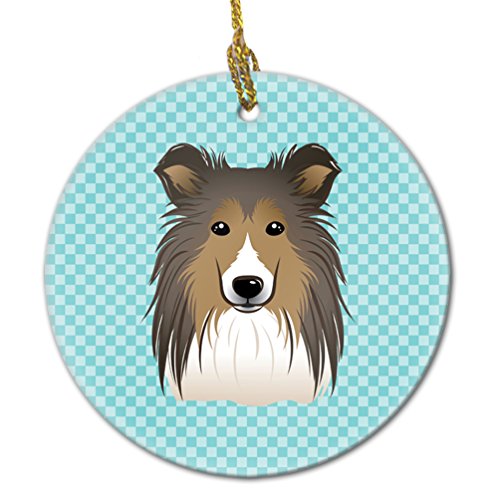 Caroline's Treasures Checkerboard Blue Sheltie Ceramic Ornament Christmas Tree Hanging Decorations for Home Christmas Holiday, Party, Gift, 3 in, Multicolor