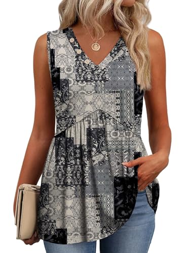 Boho Tops for Women Tank Tops 2026 Summer Outfits Cowgirl Outfits Cruise Vacation Clothes Button Down V Neck Babydoll Tank Top Sleeveless Top Western Black White M