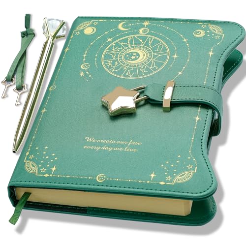 Hoci Poci Diary with Lock and Keys for Girls Gift Ideas, 360 Kraft Pages Journal for Women, B6 Refillable Notebook for Writing with Pen and Bookmark (Dark Green)