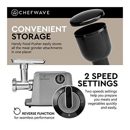 ChefWave Electric Meat Grinder - FDA Certified - Stainless Steel Heavy Duty 1800W Max 3-Speed - 4 Grinding Plates, 3 Cutting Blades, Vegetable Slicer, Tomato Juicer, Sausage Stuffer Tubes, Kibbeh Kit