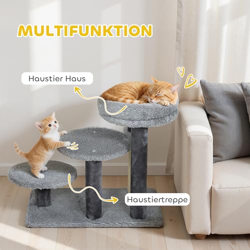 PawHut Katzentreppe 3-stufige Haustiertreppe mit Bett Ball Hundetreppe Tiertreppe für Katzen bis 5 kg Plüsch Grau 60 x 40 x 56 cm