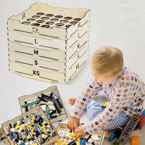 Monteludus Toy Block Sorter Sifter 5 Different Size Toy Block Sorting Boxes Wooden Storage Box for Building Blocks Birthday Gift Boys Girls and Adults