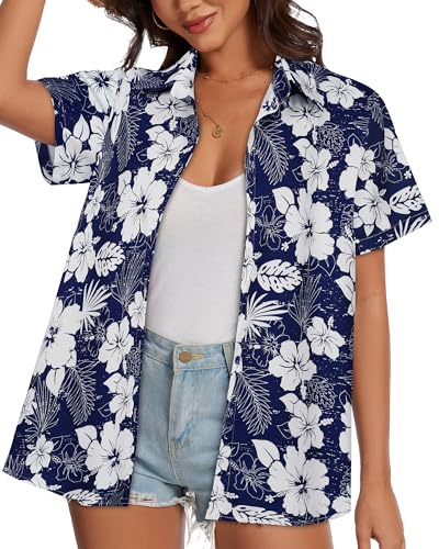 Image of Women Hawaiian Shirt Button Down Summer Tops Beach Short Sleeve Blouse