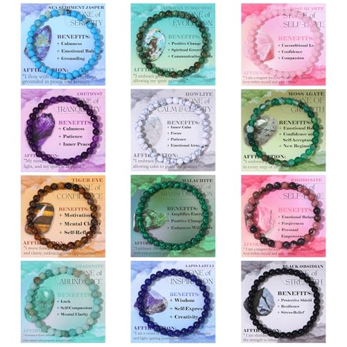 FIRAZIO 12PCS 6mm 8mm Gemstone Beaded Bracelets for Women Semi-Precious Natural Crystal Bracelets Round Beads Gemstones Stretch Bracelet Jewelry Gift