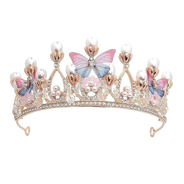 Butterfly Pearl Crystal Tiara Crown for Women & Girls – Gold Plated Rhinestone Princess Headpiece for Wedding, Birthday, Party, Fancy Hair Accessory-image-31