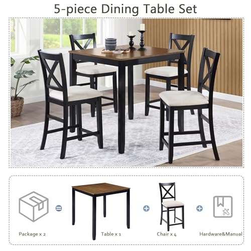 Image of Harper & Bright Designs Counter Height Dining Table Set 5-Piece for 4, Farmhouse Kitchen Table 34.5 inch Square with 4 X-Back Chairs, Black & Oak for Small Space