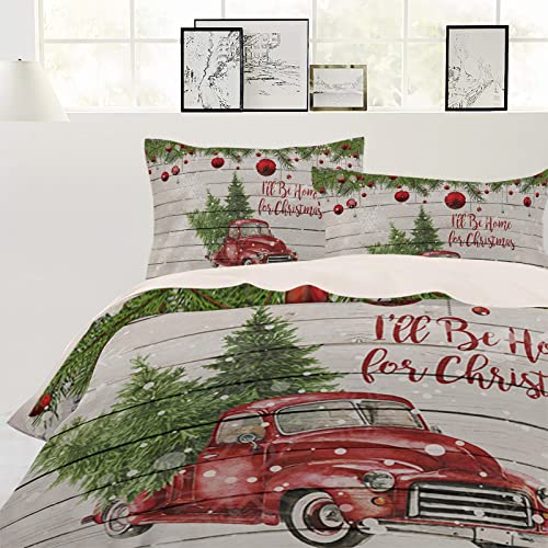 3 Piece Bedding Set Comforter/Quilt Cover Set Queen Size, I'll Be Home Christmas Red Vintage Truck Carrying Xmas Trees Duvet Cover Set with 2 Pillow Shams for Kids/Teens/Adults/Toddler - Thumbnail 2