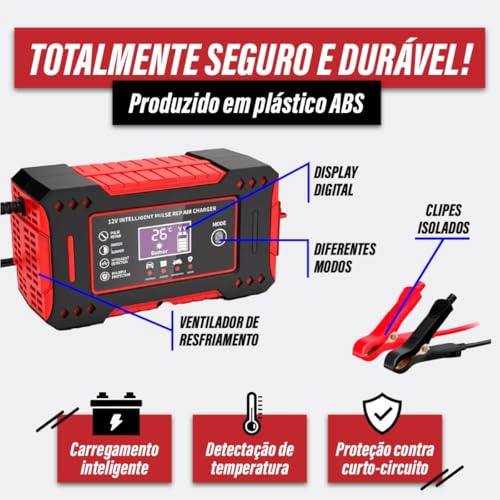 Carregador Bateria Automotivo 12v 6Amp Até 100 Amperes Para Carro, Moto, Caminhão, Caminhões, Motoci