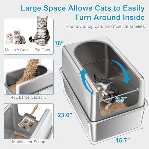 Image of 16'' High Sides XXXL All Stainless Steel Cat Litter Box with Lid,8'' Deep Metal Litter Box for Big Cats,Extra Large Litter Boxes with High Wall Enclosure,Anti-Leakage,Never Absorbs Odors,Non-Sticky