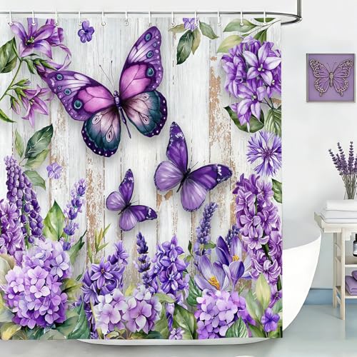 Mocsicka Purple Floral Shower Curtain Farmhouse Rustic Flowers Butterfly Shower Curtain for Bathroom Waterproof Fabric Green Leaf Retro Wooden Door Bath Curtain 72 X 72 Inch