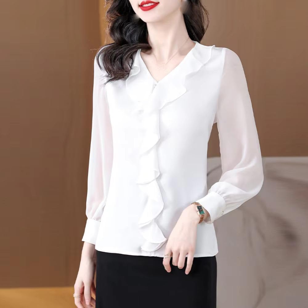 JYHBHMZG Women's Ruffles Design Black Office Ladies Top Blouse Summer Casual Long Sleeve White Shirt